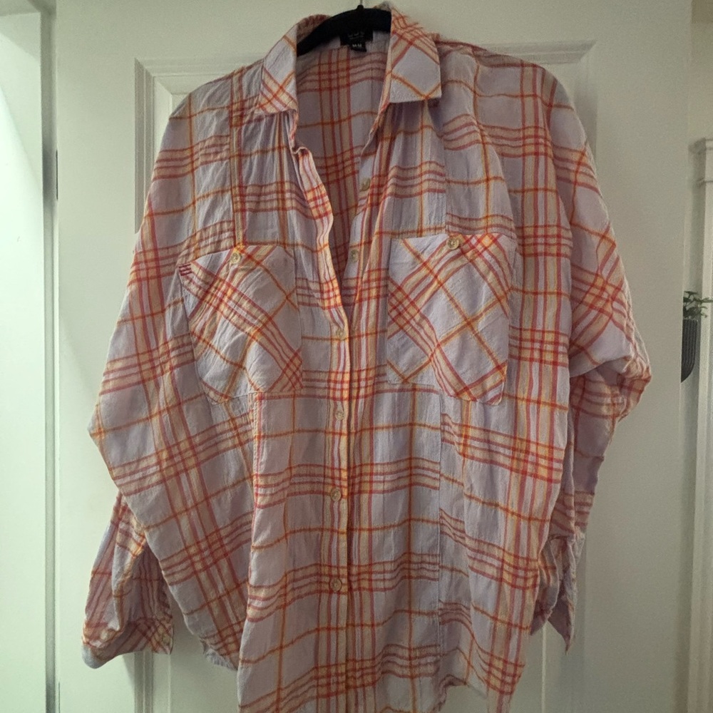BDG by Urban Outfitters Lavender Plaid Button-Up Shirt with Orange Stripes